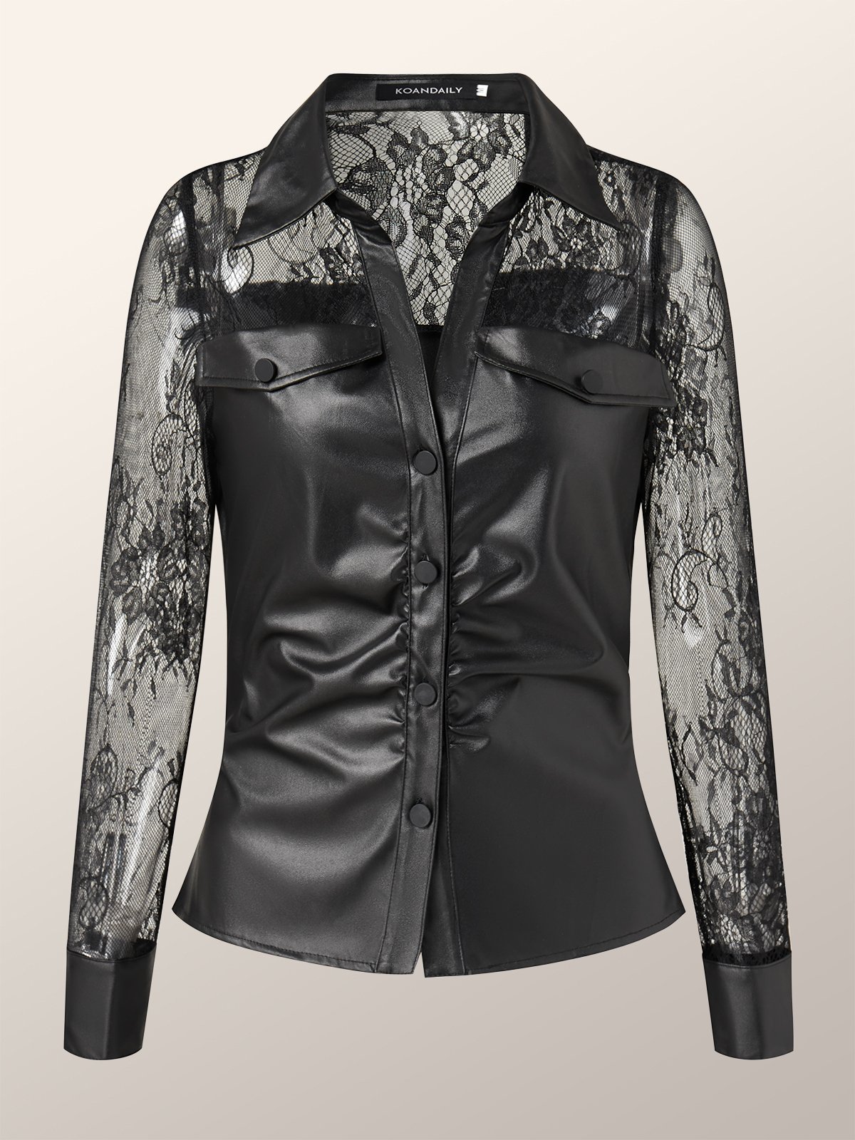 Solid Shirt Collar Pu leather Splicing  LaceTop