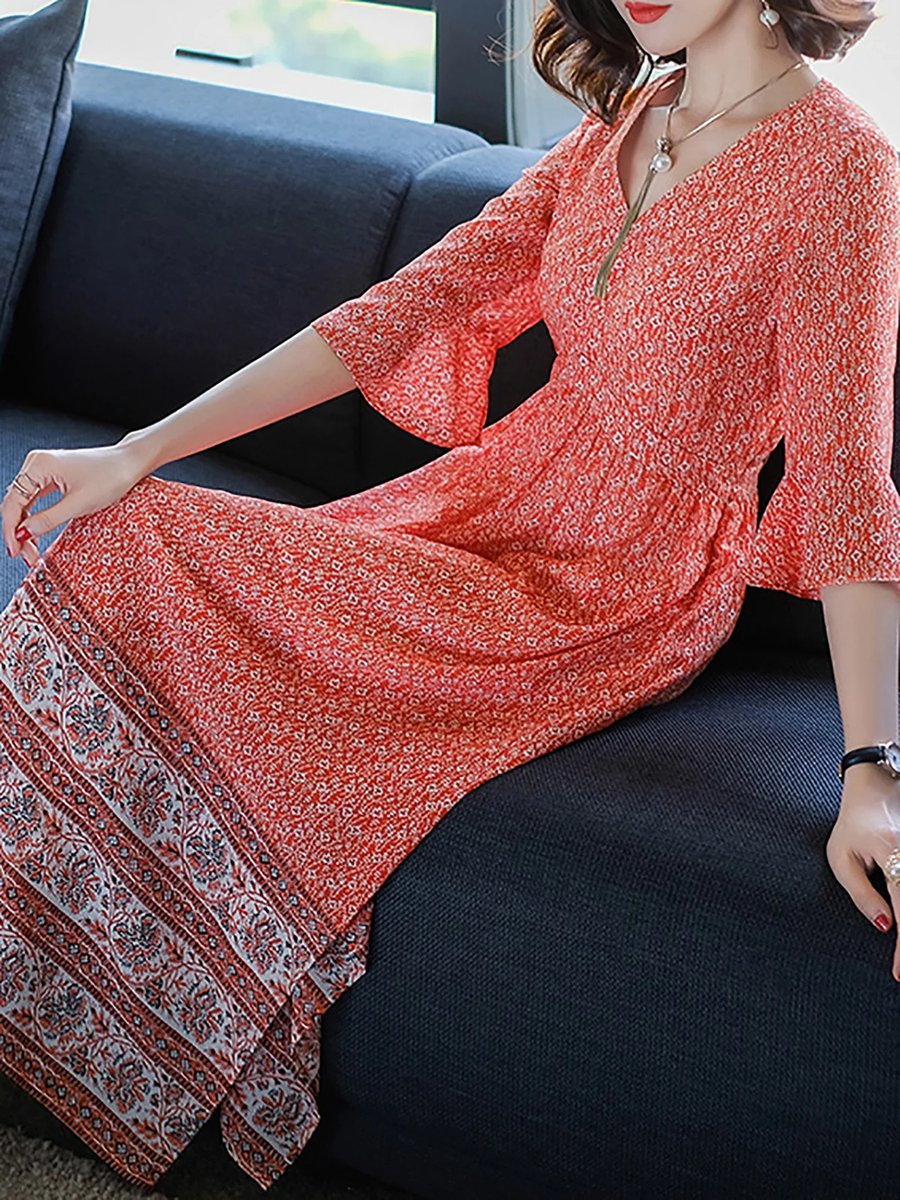 Printed Layered Bell Sleeve V Neck Maxi Dress