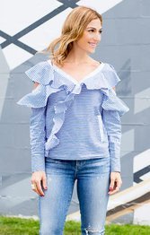 Blue Cold Shoulder Ruffled V Neck Buttoned Striped Blouse