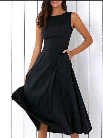 Black A-line Pockets Sleeveless Elegant Crew Neck Dress