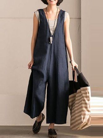 Cotton Solid Sleeveless V neck Jumpsuit