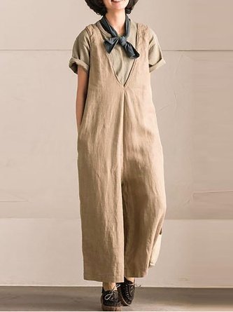 Cotton Solid Sleeveless V neck Jumpsuit