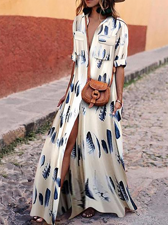 Shawl Collar White Swing Women Half Sleeve Floral Floral Dress