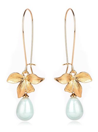 Women Stud Orchid Flower Sage Green Pearl Earring Hook Dangle Bridal