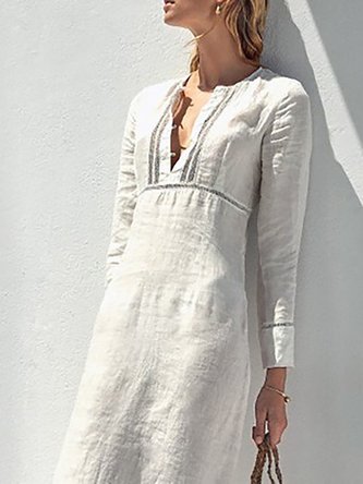 White Shift Women Daily Long Sleeve Casual Paneled Solid Spring Dress