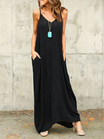Women  Beach Spaghetti Pockets Solid Dress