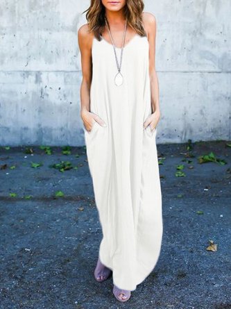 Women  Beach Spaghetti Pockets Solid Dress