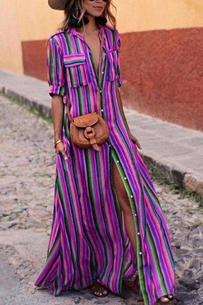 Swing Beach Boho Pockets Striped Maxi Dress