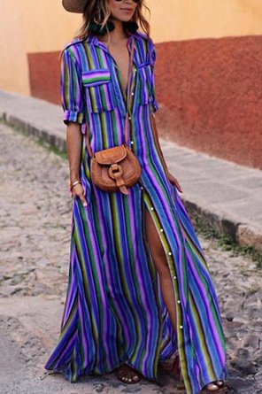 Swing Beach Boho Pockets Striped Maxi Dress