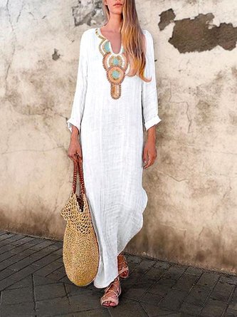 Plus Size V-Neck Women White Daily Long Sleeve Printed Tribal Dress