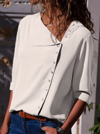 Shift Long Sleeve Casual Solid Buttoned Blouse