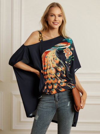 Casual Animal Summer Batwing Sleeve Mid-weight Micro-Elasticity Half sleeve Cold Shoulder H-Line Blouse for Women