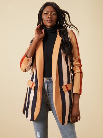 Women Striped Urban Autumn Natural Mid-weight Fit Flat collar Woolen Cloth H-Line Overcoat