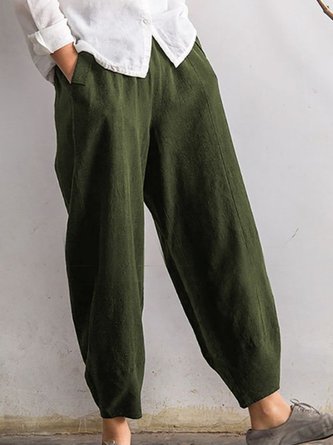 Casual Linen Solid Pockets Elastic Band Pants