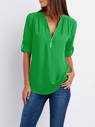 Half Sleeve Chiffon Zipper Casual Top