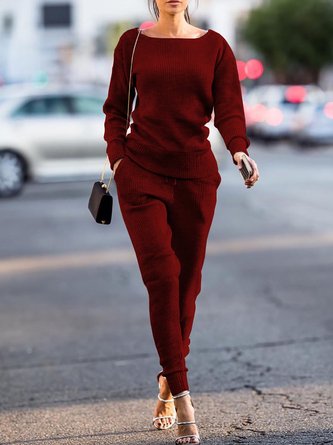 Bateau Neck Knitted Top With Pants Set