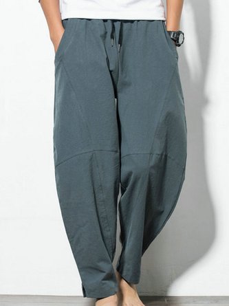 Solid Pockets Cotton Straight Leg Pants