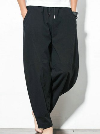 Solid Pockets Cotton Straight Leg Pants