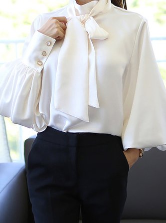 Statement Tie-Neck Shift Balloon Sleeve Blouses