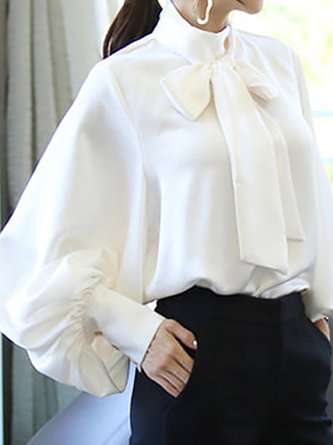 Statement Tie-Neck Shift Balloon Sleeve Blouses