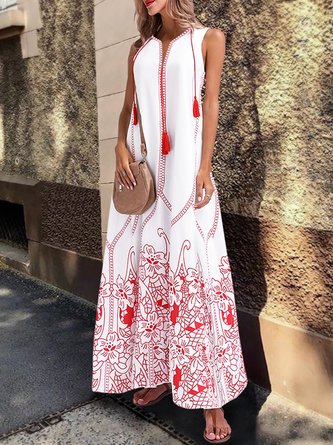 V Neck Red Beach Floral-Print Maxi Dress