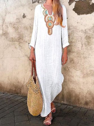 Plus Size V-Neck Women White Daily Long Sleeve Printed Tribal Dress