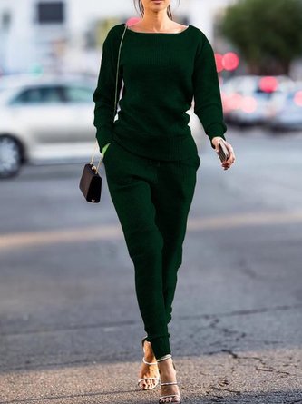 Bateau Neck Knitted Top With Pants Set