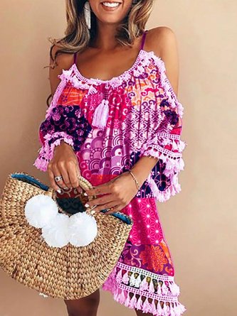 Geometric Crew Neck Boho 3/4 Sleeve Dress