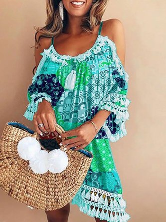 Geometric Crew Neck Boho 3/4 Sleeve Dress