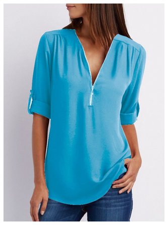 Half Sleeve Chiffon Zipper Casual Top