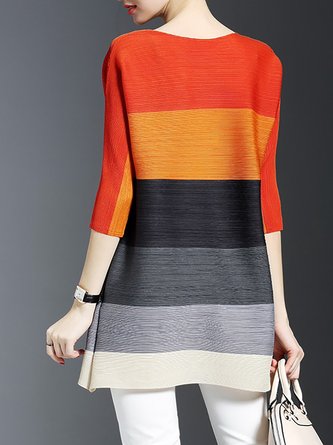 Crew Neck A-Line Date Color-Block Solid Tunic