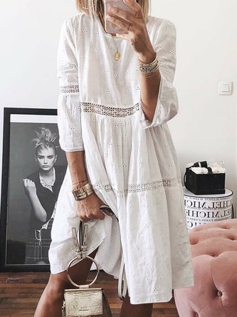 Crew Neck Women Dresses Shift Daily Paneled Plain Dress