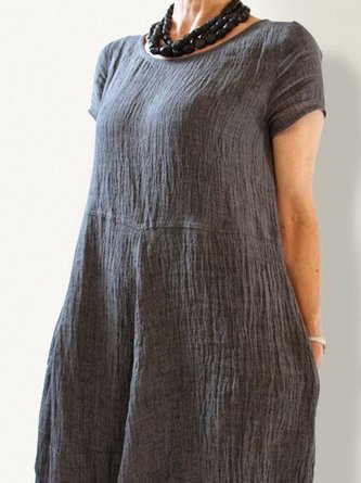Summer Pockets Round Neck Shift Linen Dress