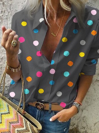 Long Sleeve Polka Dots Floral-Print Casual Blouse