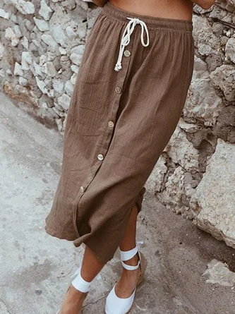 Cotton-Blend Casual Midi Skirt
