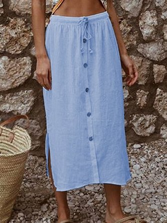 Cotton-Blend Casual Midi Skirt