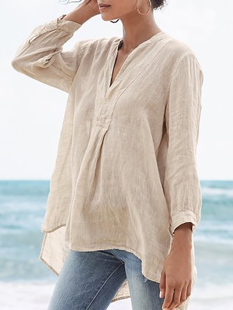 Solid V Neck Casual 3/4 Sleeve Plus Size Shirt