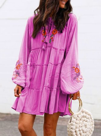 Plus Size Long Sleeve Floral Tassel Charm Elegant Casual Mini Dress