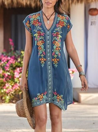 Women Summer  Short Sleeve Embroidered Shift Dress