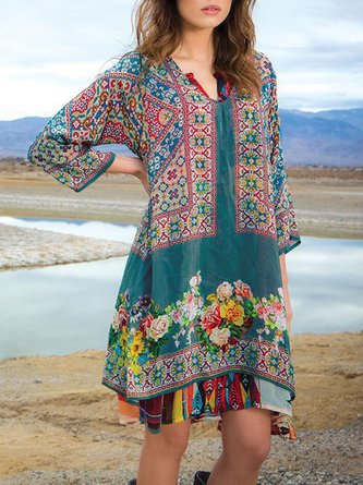 Women Floral V Neck Shift Boho Dress