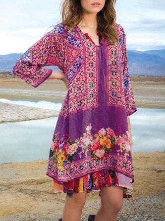 Women Floral V Neck Shift Boho Dress