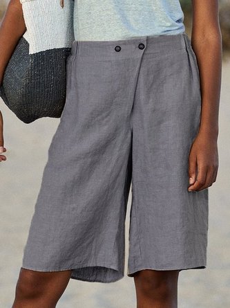 Cotton-Blend Casual Pockets Solid Pants