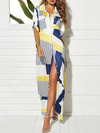 Shirt Collar Holiday A-Line Daily Patchwork Buttoned Maxi Dress