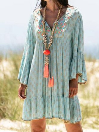 V Neck Women Dresses Holiday Cotton Floral Dress