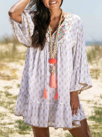 V Neck Women Dresses Holiday Cotton Floral Dress