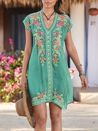 Women Summer  Short Sleeve Embroidered Shift Dress