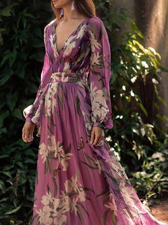 Purple Floral Printed Paneled A-Line Daily Holiday Maxi Dress