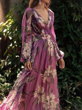 Purple Floral Printed Paneled A-Line Daily Holiday Maxi Dress
