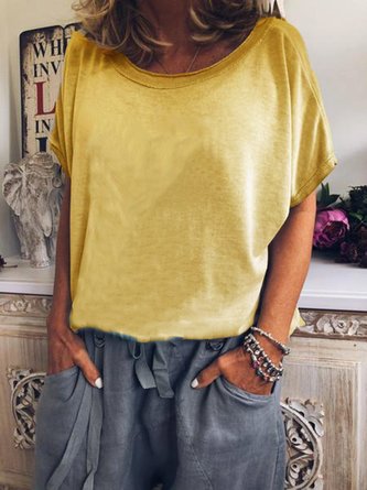 Short Sleeve Cotton-Blend Crew Neck Plain Top