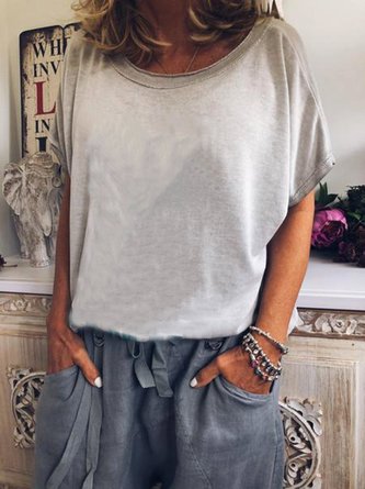 Short Sleeve Cotton-Blend Crew Neck Plain Top